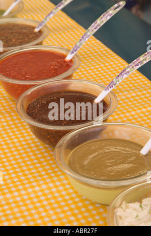Eine Vielzahl von Gewürzen ist verfügbar für Fischliebhaber Taco in Baja California Mexiko Stockfoto