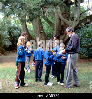 Schulausflug Feldstudie Gruppe von Schülern Studenten und Lehrer Zum Wald für Gelli Aur Country Park Llandeilo in Carmarthenshire Wales KATHY DEWITT Stockfoto