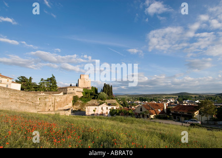 Burg von Trastamara Enrique 11 in Ciudad Rodrigo den Turm, umrahmt von einer fließenden Bereich der Mohn bei Sonnenuntergang mit alten Stadtmauern Stockfoto