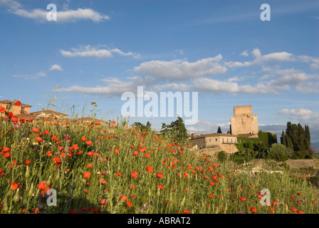 Burg von Trastamara Enrique 11 in Ciudad Rodrigo den Turm, umrahmt von einer fließenden Bereich der Mohn bei Sonnenuntergang mit alten Stadtmauern Stockfoto