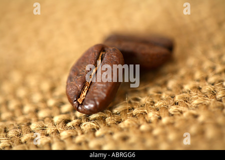 Nahaufnahme von Kaffeebohnen auf Sackleinen Oberfläche Stockfoto