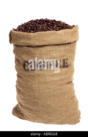 Leinensack Kaffeebohnen Stockfoto