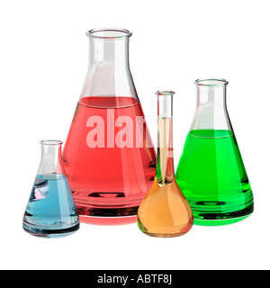 Verschiedenen Labor Fläschchen mit bunten Lösungen Stockfoto