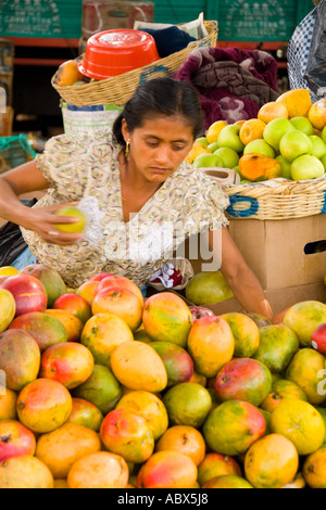 Colrful Frau Anbieter verkaufen Obst am Markt in touristischen Dorf von Antigua Guatemala Stockfoto