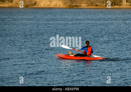 Eine Frau Kajaks in einem See mit ihrem Yorkie entlang. Oklahoma, USA. Stockfoto