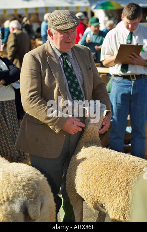 Bauer hält ein Schaf und warten für die Beurteilung bei der Masham Schafe Fair, Yorkshire, England, UK Stockfoto