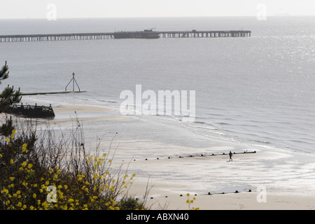 Einsame Wanderer am Strand von Frinton am Meer mit der Pier am Walton auf Naze im Hintergrund Stockfoto