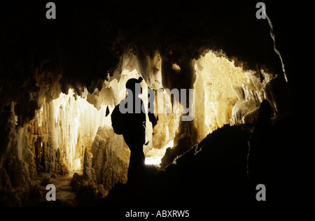 Weibliche Höhlenforscher Blick auf Stalaktiten in der New Mexico Zimmer Carlsbad Caverns National Park New Mexico USA Stockfoto