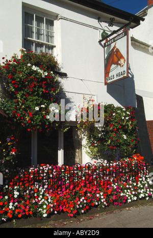 USK Twyn Square Nags Head Inn mit Zeichen und Sommer Bettwäsche Blütenpracht Stockfoto