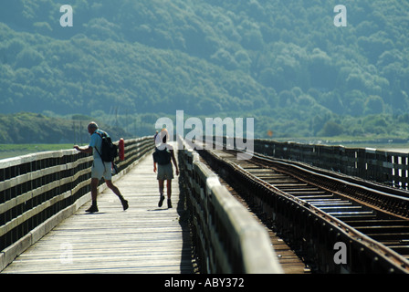 Barmouth Afon Mawddach Eisenbahn-Viadukt und Maut Fußgängerbrücke bietet Wandern Radfahren Verbindung mit Fairbourne Seite der Mündung Stockfoto