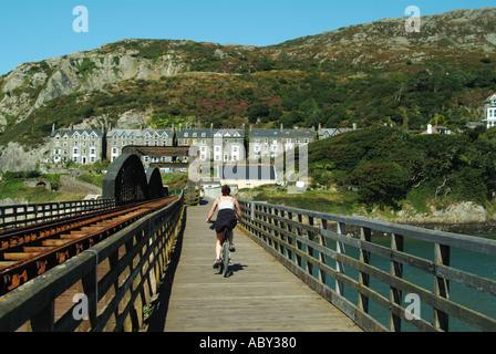 Afon Mawdach Eisenbahnviadukt & Fußgängerbrücke für Fußradrennen Verbindung zur Fairbourne Seite der Mündung Fahrradfahrer radeln Richtung Barmouth North Wales UK Stockfoto