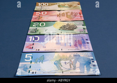 5 5 10 10 20 20 50 50 ein hundert 100 Canadian Kanada Bargeld Geld Dollarnoten Stockfoto
