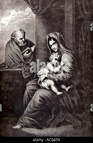 Jungfrau Maria Holding Kind Jesus weiser Mann Lesung buchen schwarz-weiß Illustration alte Kirche Kreta Krete Insel Griechenland Stockfoto