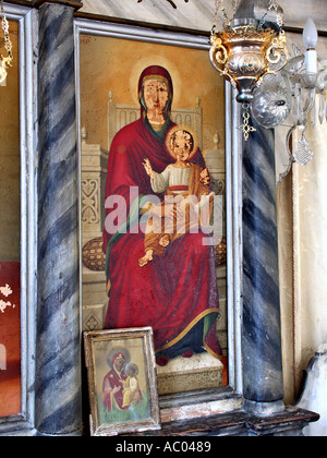 Jungfrau Maria Holding Kind Jesus Christus Wand Abbildung alte Kirche Kreta Krete Insel Griechenland Stockfoto