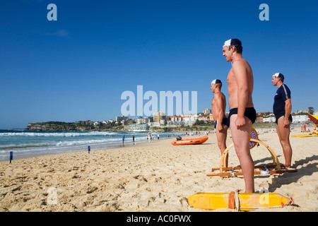 Mitglieder des Bondi Surf Badegäste Life Saving Club stehen bereit für eine Ausbildung Rettung mit traditionellen Rollen und Linie Stockfoto