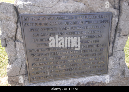 Denkmal für ein Bürger namens John Burns am Gettysburg National Battlefield Park und Friedhof Pennsylvania PA Stockfoto