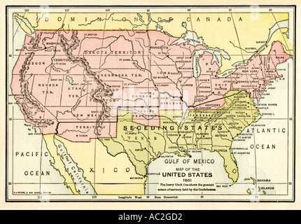 Karte der Vereinigten Staaten im Jahr 1861 Zu Beginn des Bürgerkriegs. Farblithographie Stockfoto