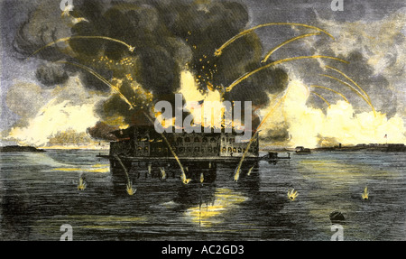 Konföderierten Beschießung von Fort Sumter beginnt der Amerikanische Bürgerkrieg 1861. Hand - farbige Gravur Stockfoto