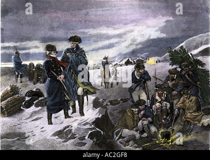 General George Washington und Lafayette in der Kälte in Valley Forge winter Camp während der Amerikanischen Revolution. Handcolorierte Stahlstich Stockfoto