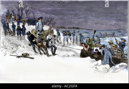 George Washington und seine Armee Überqueren der eisigen Delaware River Trenton Dezember 1776 in Angriff zu nehmen. Hand - farbige Holzschnitt Stockfoto