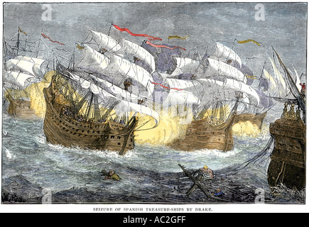 Beschlagnahme von spanischen Schatz Schiffe der englischen Flotte von Sir Francis Drake. Hand - farbige Holzschnitt Stockfoto