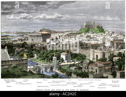 Athen gesehen aus dem Osten in der Zeit von Hadrian. Hand - farbige Holzschnitt Stockfoto