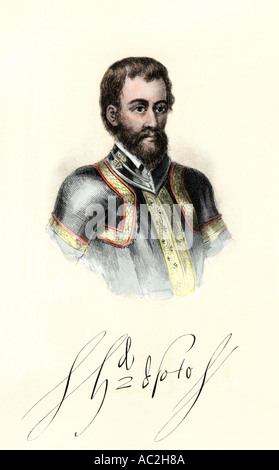 Spanischer Forscher Hernando de Soto mit seiner Unterschrift. Hand - farbige Gravur Stockfoto