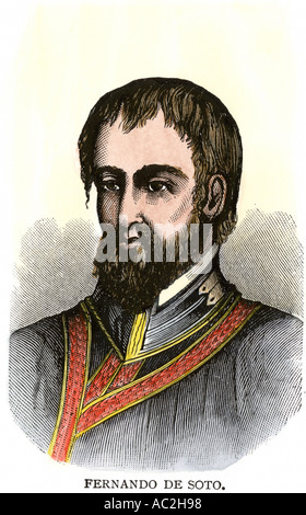 Hernando De Soto portrait. Hand - farbige Holzschnitt Stockfoto