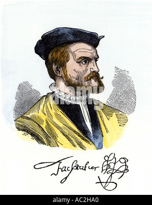 Jacques Cartier Portrait mit seinem Autogramm. Hand - farbige Holzschnitt Stockfoto