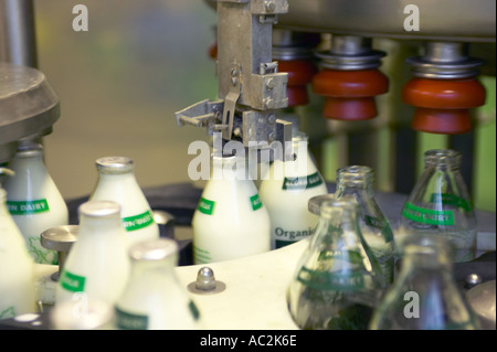 Flasche Top-Maschine an der Abfüllanlage der Eichel Bio-Molkerei Milch Stockfoto