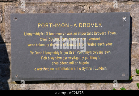 Schiefer Tafel mit goldenem Schriftzug an der Statue ein Rinder-Viehtreiber steht in Llandovery Carmarthenshire Wales UK Stockfoto