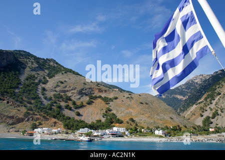 die Fähre von Agia Roumeli nach Loutro in der Provinz Chania auf der griechischen Insel Kreta Agia Roumeli verlassen Stockfoto