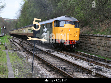 Diesel-Motor zieht der Zug die Steigung in Goathland Station. Stockfoto