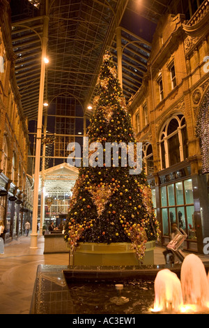 Weihnachtsbaum, Brunnen, Grafschaft Arcade, dekoriert, Christbaumkugel, UK, GB, Stockfoto