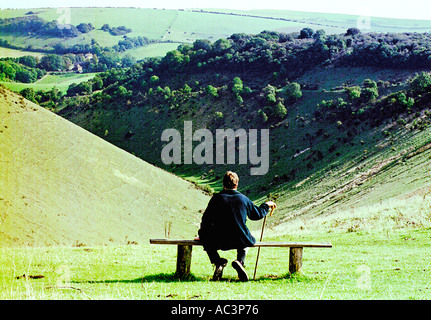 Zum Schutz der Umwelt. Ein National Trust Warden Umfragen das South Downs unter des Teufels Deich in Sussex Stockfoto