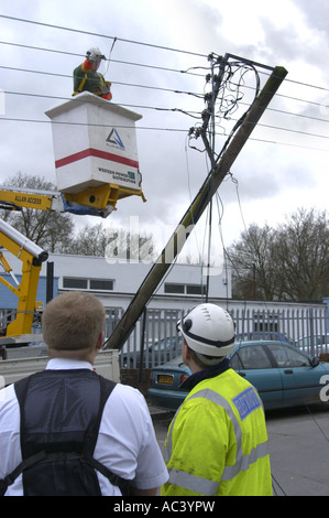 Western Power Distribution Ingenieur Reparaturen Überlandleitungen Kabel in Bovey Tracey Devon nach einer überladenen LKW reißt die Stockfoto