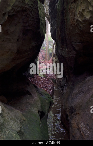 Blick durch einen schmalen Spalt in den Felsen am Rock City auf Lookout Mountain in der Nähe von Chattanooga, Tennessee. Stockfoto