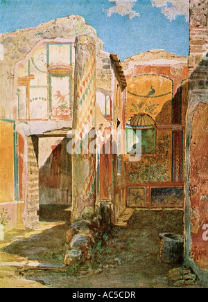 Überreste eines Home Interior in Pompeji aus dem Römischen Reich Zeitraum in den Ausbruch des Vesuvs begraben. Farblithographie Stockfoto