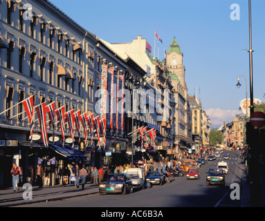 Späten Nachmittag Gesamtansicht östlich entlang der Karl Johans Gate, Oslo, Norwegen. Stockfoto