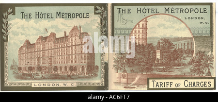 Tarif für das Hotel Metropole, London, um 1890 Stockfoto