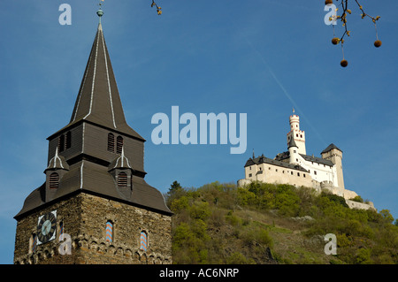 Pankgrafenturm & Marksburg Burg Braubach am Rhein, Deutschland, stammt aus dem 13. C. Stockfoto