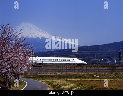 Mount Fuji, Cherry Blossom und Shinkansen Bullet Train. Stockfoto