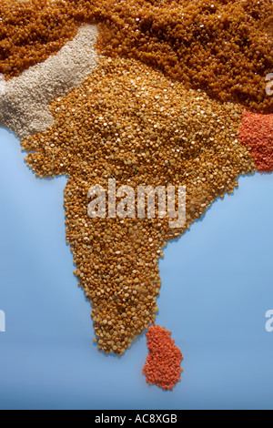 Konzept-Schuss von farbigen Linsen, aus denen eine Karte von dem indischen Subkontinent Stockfoto