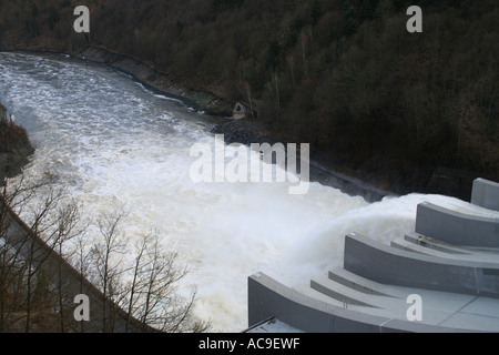 Ein mächtiger Staudamm, der Wasser in einen Fluss in der Tschechischen Republik abgibt. Eine atemberaubende Ausstellung von Ingenieurskunst inmitten einer natürlichen Waldlandschaft. Stockfoto