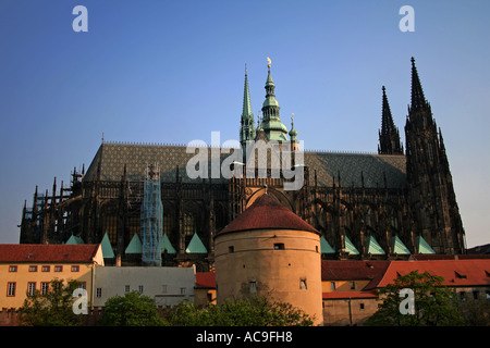 Blick auf den Veitsdom und die umliegenden Gebäude mit Bäumen im Vordergrund in Prag, Tschechische Republik. Stockfoto