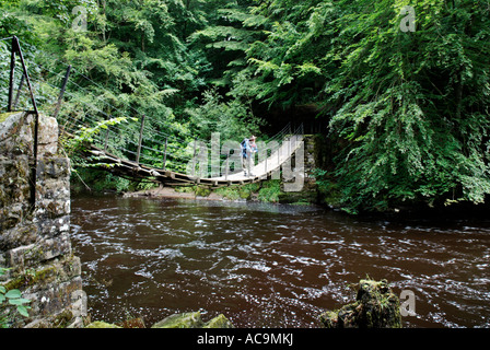 Hängebrücke und Walker bei Allen Banken Northumberland Stockfoto