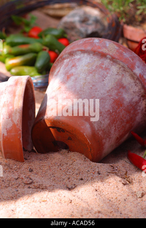 Terrakotta-Töpfe in Sand mit Chili ist im Hintergrund Stockfoto
