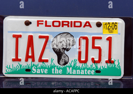 Kfz-Kennzeichen, speichern die Manatee Nummer Platte Miami South Beach Florida USA Stockfoto
