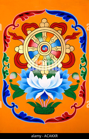 Tibetischen Buddhismus Malerei Symbol Rad des Lebens über Lotusblume Jokhang Lhasa Tibet China Stockfoto