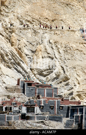 Tibetischen Buddhismus Pilger auf der Kora oben Pivate Häuser mit grau und dunkelrot gestrichene Wände Sakya Kloster Tibet China Stockfoto